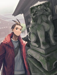 Rule 34 | 1boy, absurdres, ace attorney, antenna hair, apollo justice, arms at sides, bag, brown eyes, brown hair, closed mouth, fanny pack, grey shirt, highres, hood, hood down, hooded jacket, iro saki, jacket, komainu, long sleeves, looking at viewer, male focus, open clothes, open jacket, outdoors, raincoat, red jacket, shirt, short hair, shrine, solo, statue, tree, twitter username, upper body