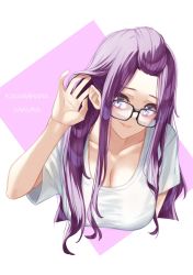 Rule 34 | 1girl, banana oekaki, bangs pinned back, blue eyes, breasts, character name, cleavage, english text, framed, glasses, hand in own hair, hand up, highres, kagamihara sakura, large breasts, lips, long hair, looking to the side, purple hair, shirt, simple background, smile, solo, t-shirt, upper body, white shirt, yurucamp