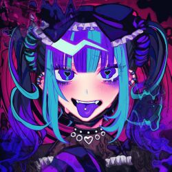 Rule 34 | 1girl, album cover, aqua hair, aqua scrunchie, black bow, black choker, black mask, black shirt, black sleeves, blush, borrowed character, bow, choker, colored tongue, cover, ear piercing, fangs, frilled bow, frilled shirt, frills, furrowed brow, hair bow, hair ornament, hair scrunchie, heart, heart-shaped pupils, himanemuitoma, light smile, long sleeves, love from inside the cage, mask, open mouth, original, piercing, pink background, purple eyes, purple hair, purple scrunchie, purple sleeves, purple tongue, rushii kokuyoku, scrunchie, see-through, see-through shirt, shirt, solo, striped sleeves, sweat, symbol-shaped pupils, teeth, tongue, tongue out, tongue piercing, twintails, upper body, upper teeth only