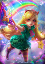 Rule 34 | 1girl, :3, artist logo, artist name, axsen, banned artist, blonde hair, blue eyes, breasts, cloud, commentary, english commentary, facial mark, fake horns, fantasy, forehead, full body, green skirt, headband, heart, highres, horns, index finger raised, jewelry, knee up, legs apart, lips, long hair, looking at viewer, necklace, open mouth, parted bangs, patreon username, pink footwear, puffy short sleeves, puffy sleeves, rainbow, red headband, shaded face, short sleeves, signature, skirt, sky, solo, sparkle, star (symbol), star butterfly, star vs the forces of evil, star wand, striped legwear, sunlight, teeth