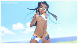 Rule 34 | 1girl, 3d, blue eyes, blurry, blurry background, blush, breasts, cleft of venus, clothes lift, clothes pull, creatures (company), dark-skinned female, dark skin, earrings, female focus, game freak, hair ornament, hoop earrings, hydrafxx, jewelry, lifted by self, long hair, midriff, multicolored hair, navel, nessa (pokemon), nintendo, nipples, open clothes, open mouth, outdoors, pokemon, pokemon swsh, presenting, pulled by self, pussy, shirt lift, short shorts, shorts, shorts pull, small breasts, solo, sportswear, torso flash