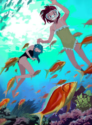 Rule 34 | 2girls, aqua background, aqua eyes, aqua hair, arm up, barefoot, blue background, breasts, coral, fish, freediving, frilled one-piece swimsuit, frills, goggles, gradient background, highres, hipa (some1else45), legs, long hair, medium breasts, multiple girls, nahia (some1else45), one-piece swimsuit, open mouth, original, red hair, seaweed, small breasts, snorkel, some1else45, swimming, swimsuit, thick eyebrows, underwater, yellow one-piece swimsuit