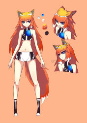 Rule 34 | 1girl, angry, animal ear fluff, animal ears, blue eyes, clenched teeth, color guide, crop top, fox ears, fox girl, from above, frown, halterneck, highres, i.takashi, looking down, looking to the side, mozilla firefox, multiple views, oekaki, orange background, palette (object), personification, short shorts, shorts, teeth, v-shaped eyebrows