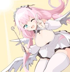 Rule 34 | 1girl, aqua eyes, azur lane, bare shoulders, breasts, cleavage, detached sleeves, dress, feathered wings, floating hair, frilled hairband, frills, hairband, haruiroto, holding, holding wand, large breasts, looking at viewer, one eye closed, open mouth, pink hair, simple background, smile, solo, theseus (azur lane), thighhighs, thighs, wand, white dress, white thighhighs, wings, yellow background, zettai ryouiki