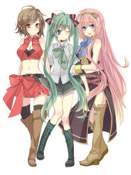 Rule 34 | 3girls, :d, ;), adapted costume, ahoge, aqua hair, arm hug, bare legs, belt, black skirt, blue bow, blush, boots, bow, bowtie, breasts, brown eyes, brown hair, cleavage, collared shirt, crop top, cross-laced footwear, female focus, friends, full body, hairband, hatsune miku, highres, hug, knee boots, lace-up boots, legs, long hair, long skirt, looking at viewer, megurine luka, meiko (vocaloid), midriff, mikipa, multiple girls, navel, necktie, one eye closed, open mouth, parted lips, pink hair, red ribbon, red skirt, ribbon, shirt, shy, side slit, simple background, skirt, sleeveless, smile, standing, thighhighs, twintails, very long hair, vocaloid, white background, wink, wrist cuffs