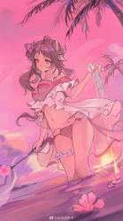 Rule 34 | 1girl, ahoge, animal ears, arknights, bikini, brown hair, chinese commentary, eyjafjalla (arknights), eyjafjalla (summer flower) (arknights), flower, highres, holding, holding staff, horns, long hair, looking at viewer, midriff, navel, nianbingzi, off-shoulder bikini, off shoulder, official alternate costume, palm tree, pink bikini, pink eyes, pink flower, pink sky, pink theme, sheep ears, sheep girl, sheep horns, shirt, sky, solo, staff, sunset, swimsuit, swimsuit cover-up, thigh strap, tree, wading, white shirt