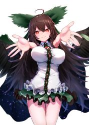 Rule 34 | 1girl, ahoge, breasts, brown hair, button gap, buttons, cape, closed mouth, collared shirt, cowboy shot, feathered wings, frilled shirt, frills, green skirt, highres, impossible clothes, impossible shirt, large breasts, long hair, looking at viewer, miniskirt, outstretched arms, red eyes, reiuji utsuho, shirt, simple background, skirt, smile, solo, standing, thighs, touhou, very long hair, west 24, white background, white shirt, wings