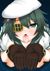 Rule 34 | 10s, 1girl, ahegao, aqua eyes, bad id, bad pixiv id, blue background, blush, breasts, brown gloves, cleavage, colored skin, cupping hands, dakku (ogitsune), eyepatch, eyes visible through hair, from above, gloves, gradient background, green hair, hat, heart, heart-shaped pupils, huge breasts, kantai collection, kiso (kancolle), long hair, looking at viewer, looking up, open mouth, oral invitation, own hands together, sailor hat, school uniform, serafuku, sexually suggestive, shadow, short sleeves, skirt, solo, symbol-shaped pupils, tongue, tongue out, white skin