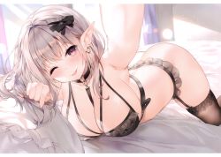 Rule 34 | 1girl, absurdres, ass, bed, bed sheet, black thighhighs, blush, bow, breasts, earrings, elf, fingernails, frills, garter straps, hair ornament, highres, indoors, jewelry, large breasts, lingerie, long hair, looking at viewer, one eye closed, open mouth, original, pillow, pink hair, pointy ears, purple eyes, scan, simple background, smile, solo, sora 72-iro, sunlight, thighhighs, underwear, underwear only