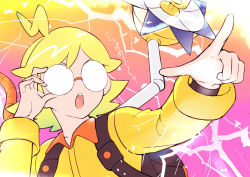Rule 34 | 1boy, adjusting eyewear, ahoge, alternate color, backpack, bag, blonde hair, brown bag, clemont (pokemon), commentary request, creatures (company), electricity, game freak, glasses, hand up, highres, jumpsuit, male focus, mechanical arms, medium hair, nintendo, opaque glasses, open mouth, pointing, pokemon, pokemon masters ex, round eyewear, solo, teeth, tongue, tudurimike, upper teeth only, yellow jumpsuit