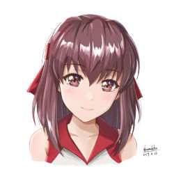 Rule 34 | 10s, 1girl, artist name, brown eyes, brown hair, closed mouth, dated, girls und panzer, headband, kondou taeko, looking at viewer, portrait, red headband, red shirt, shamakho, shirt, short hair, signature, simple background, sleeveless, sleeveless shirt, smile, solo, sportswear, volleyball uniform, white background