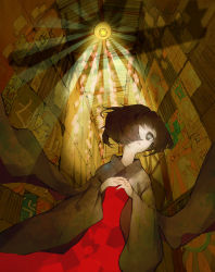 Rule 34 | 1girl, bad id, bad pixiv id, bob cut, brown hair, fumiyomogi, graphite (medium), grey eyes, hakama, hakama skirt, hallway, own hands clasped, highres, japanese clothes, lamp, light bulb, light rays, mechanical pencil, original, own hands together, pencil, poster (object), red hakama, skirt, solo, traditional media, wide sleeves