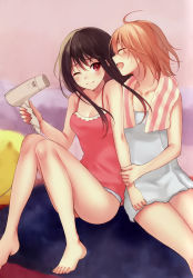 Rule 34 | 2girls, :d, ^ ^, absurdres, ahoge, bare legs, bare shoulders, barefoot, blurry, blush, breasts, brown hair, camisole, cleavage, collarbone, depth of field, closed eyes, fukahire (ruinon), hair dryer, highres, holding, legs, long hair, looking at viewer, multiple girls, naked towel, no pants, one eye closed, open mouth, original, panties, profile, red eyes, scan, short hair, side-by-side, sitting, small breasts, smile, striped, toes, towel, towel around neck, underwear, white panties