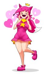 Rule 34 | &gt;o&lt;, 1girl, animal ears, breasts, crown, dress, fang, floating, floating object, fox ears, fox girl, fox tail, hands on own cheeks, hands on own face, heart, highres, leg up, minuspal, monster girl, navel, pink dress, pink footwear, pink hair, pinkfong, shadow, short dress, skin tight, sleeveless, sleeveless dress, sparkle, star (symbol), tail, thighs