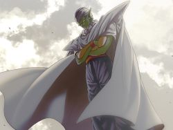 Rule 34 | 1boy, backlighting, black eyes, cape, clothes lift, cloud, cloudy sky, colored skin, crossed arms, day, dragon ball, dragonball z, dutch angle, expressionless, feet out of frame, frown, grass, green skin, highres, looking away, male focus, mattari illust, outdoors, pants, piccolo, pointy ears, purple pants, serious, sky, solo, standing, turban, wind, wind lift