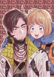 Rule 34 | 1boy, 1girl, animification, annoyed, apex legends, black eyes, black hair, black shirt, blonde hair, blue bodysuit, blue eyes, bodysuit, cheek poking, crypto (apex legends), green vest, hand on another&#039;s shoulder, highres, hood, hooded jacket, jacket, jewelry, looking to the side, m (mrtarou), mole, mole under eye, necklace, open mouth, orange jacket, parted hair, pointing, pointing up, poking, ribbed bodysuit, shirt, short hair, smile, vest, wattson (apex legends), white jacket