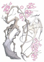 Rule 34 | artist name, branch, cherry blossoms, drachenmagier, dragon, fantasy, flower, hatching (texture), no humans, original, pink flower, simple background, tree, white background