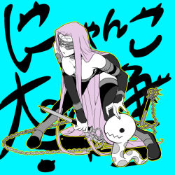 Rule 34 | 1girl, absurdly long hair, bare shoulders, blindfold, boots, breasts, bridal gauntlets, chain, cleavage, commentary request, dress, elbow gloves, facial mark, fate/stay night, fate (series), forehead mark, gloves, leaning forward, long hair, medusa (fate), medusa (rider) (fate), nameless dagger (fate), nyanko daisensou, ooga, parted lips, purple hair, snake, strapless, strapless dress, thigh boots, thighhighs, very long hair