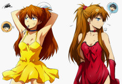 Rule 34 | 1boy, 1girl, anger vein, annoyed, armpits, arms up, bare shoulders, black hair, blue eyes, blush, breasts, cleavage, dress, dual persona, earrings, gloves, hair ornament, hairu, ikari shinji, jewelry, long hair, looking up, neon genesis evangelion, orange hair, plate, red dress, shiny skin, short hair, small breasts, souryuu asuka langley, thought bubble, tsundere, twintails, utensil in mouth, yellow dress