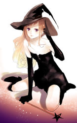 Rule 34 | 1girl, bare shoulders, black dress, black footwear, black gloves, black hat, blush, boots, breasts, brown hair, collarbone, dress, elbow gloves, female focus, full body, gloves, hand up, hat, kneehighs, long hair, looking at viewer, original, purple eyes, shadow, sitting, sleeveless, sleeveless dress, small breasts, socks, solo, spread legs, strapless, strapless dress, swept bangs, tsug, wand, wariza, white background, witch hat