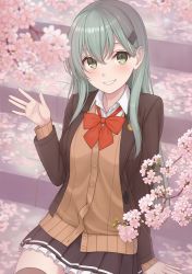 Rule 34 | 1girl, aqua eyes, aqua hair, ascot, bad id, bad twitter id, blush, cardigan, cherry blossoms, hair ornament, hairclip, jacket, kantai collection, long hair, looking at viewer, nananichi, open cardigan, open clothes, pleated skirt, school uniform, sitting, sitting on stairs, skirt, smile, solo, stairs, suzuya (kancolle), waving
