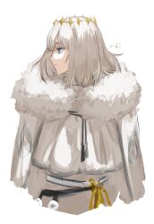 Rule 34 | 1boy, cape, closed mouth, diamond hairband, eiki (eikityou 55), eyelashes, fate/grand order, fate (series), fur-trimmed cape, fur trim, grey eyes, grey hair, highres, looking to the side, male focus, oberon (fate), robe, short hair, signature, simple background, solo, tassel, white background, white cape, white robe