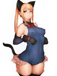Rule 34 | 1girl, animal ears, armpits, bare shoulders, black gloves, blonde hair, blue eyes, blue one-piece swimsuit, bow, bowtie, breasts, cameltoe, cat ears, cat tail, choker, covered erect nipples, covered navel, cowboy shot, dead or alive, dead or alive 5, detached sleeves, elbow gloves, embarrassed, fake animal ears, frills, frown, fumio (rsqkr), gloves, hairband, halterneck, hip focus, impossible clothes, impossible leotard, kemonomimi mode, leotard, long hair, marie rose, one-piece swimsuit, paw pose, pout, raised eyebrows, sideboob, sidelocks, simple background, sketch, skin tight, solo, swimsuit, tail, thighs, turtleneck, twintails, white background