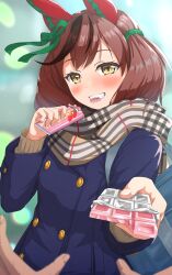Rule 34 | 1boy, 1girl, bag, biting, blue coat, brown hair, brown scarf, buttons, chocolate, coat, commentary request, double-breasted, ear covers, fingernails, food, gamyuu (gamyu), grin, highres, holding, holding food, horse girl, incoming food, long sleeves, looking at viewer, medium hair, multicolored hair, nice nature (umamusume), pov, pov hands, scarf, school bag, smile, solo focus, streaked hair, twintails, umamusume, upper body, valentine, yellow eyes