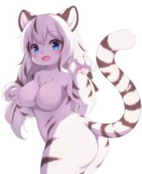 Rule 34 | 1girl, animal ear fluff, animal ears, ass, blue eyes, blush, breasts, fang, female focus, furry, furry female, large breasts, long hair, looking at viewer, matsuu (akiomoi), multicolored hair, no nipples, open mouth, original, paw pose, pawpads, simple background, solo, tail, thighs, tiger ears, tiger tail, white background, white hair