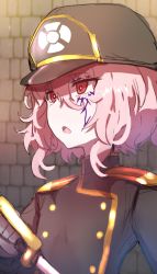 Rule 34 | 1girl, :o, absurdres, bad id, bad twitter id, black hat, black jacket, blurry, blurry background, brick wall, commentary request, depth of field, facial mark, gloves, hair between eyes, hat, highres, holding, holding sword, holding weapon, jacket, long hair, long sleeves, looking away, military hat, military jacket, open mouth, original, peaked cap, pink hair, red eyes, solo, sword, wada kazu, weapon, white gloves
