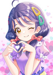 Rule 34 | 1girl, ahoge, blouse, blue skirt, blush, breasts, brown eyes, hair ornament, hair ribbon, heart, heart background, heart hands, highres, long hair, looking at viewer, low twintails, precure, purple hair, purple shirt, ribbon, shirt, short sleeves, skirt, small breasts, smile, solo, suzumura sango, triangle hair ornament, tropical-rouge! precure, twintails, upper body, white background, yukinko (yukiwork)