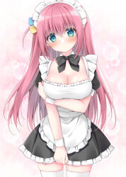 Rule 34 | 1girl, absurdres, apron, black bow, black dress, blue eyes, blush, bocchi the rock!, bow, breasts, cleavage, closed mouth, collar, collarbone, cube hair ornament, detached collar, dress, frilled apron, frilled dress, frills, gotoh hitori, hair between eyes, hair ornament, head tilt, highres, korie riko, large breasts, long hair, maid, maid apron, maid headdress, one side up, pink background, pink hair, puffy short sleeves, puffy sleeves, short sleeves, solo, sweat, turn pale, very long hair, white apron, white collar