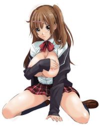 Rule 34 | 1girl, black socks, bow, bowtie, breasts, brown eyes, brown footwear, brown hair, chuunibyou demo koi ga shitai!, closed mouth, covering privates, covering one breast, dress shirt, frown, full body, hair ornament, hairclip, kneehighs, kneeling, large breasts, loafers, long hair, looking at viewer, miniskirt, nibutani shinka, nipples, no panties, open clothes, open shirt, partially unbuttoned, plaid, plaid skirt, pleated skirt, red bow, red bowtie, red skirt, ryouzou, shirt, shoes, side ponytail, simple background, skirt, sleeves past wrists, socks, solo, white background, white shirt