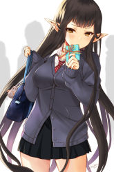 Rule 34 | 1girl, 2019, bag, bag charm, black hair, black skirt, blue cardigan, blush, breasts, cardigan, charm (object), collared shirt, contemporary, diagonal-striped clothes, diagonal-striped necktie, diagonal-striped neckwear, fate/apocrypha, fate (series), gift, holding, holding bag, holding gift, long hair, long sleeves, looking at viewer, medium breasts, necktie, pleated skirt, pointy ears, red neckwear, school bag, seiru (prairie), semiramis (fate), shirt, signature, skirt, sleeves past wrists, solo, striped clothes, striped neckwear, very long hair, white background, white shirt, yellow eyes