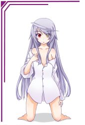 Rule 34 | 10s, 1girl, blush, bottomless, dress shirt, flat chest, heterochromia, infinite stratos, kneeling, kuon (nokokopopo), laura bodewig, long hair, naked shirt, no eyepatch, off shoulder, red eyes, shirt, silver hair, sleeves rolled up, solo, undressing, yellow eyes
