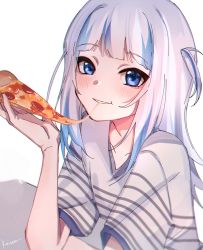 Rule 34 | 1girl, artist name, blue eyes, blue hair, blue nails, blunt bangs, blush, cheese trail, commentary, english commentary, food, gawr gura, highres, holding, holding food, holding pizza, hololive, hololive english, keisea, multicolored hair, nail polish, parted lips, pepperoni, pizza, pizza slice, shirt, silver hair, streaked hair, striped clothes, striped shirt, teeth, virtual youtuber
