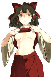 Rule 34 | 1girl, blush, bow, breasts, clothes lift, detached sleeves, hair bow, hair tubes, hakurei reimu, long hair, mishima hiroji, navel, nipples, no bra, red eyes, shirt lift, simple background, skirt, small breasts, solo, stomach, touhou, white background
