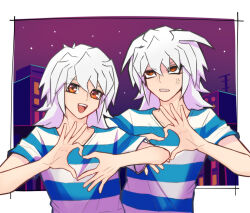 Rule 34 | 2boys, anger vein, bakura ryou, blue shirt, border, brown eyes, city, clenched teeth, commentary request, hair between eyes, heart, heart hands, long hair, looking at viewer, male focus, medium bangs, multiple boys, open mouth, outside border, purple sky, shirt, sky, smile, star (sky), starry sky, striped clothes, striped shirt, t-shirt, takeru binbin, teeth, upper body, upper teeth only, v-shaped eyebrows, white border, white hair, white shirt, yami bakura, yu-gi-oh!, yu-gi-oh! duel monsters