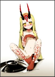 Rule 34 | 1girl, blonde hair, blush, breasts, claws, covering privates, covering breasts, cup, facial mark, fang, fang out, fate/grand order, fate (series), full body, horns, ibaraki douji (fate), long hair, looking at viewer, mizusaki (tengoku), navel, nude, oni horns, pointy ears, sakazuki, sitting, small breasts, solo, sweat, tattoo, twitter username, yellow eyes
