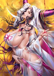 Rule 34 | 1girl, absurdres, black hair, blood, bow, breasts, chest tattoo, cleavage, clothing cutout, facial mark, fate/extra, fate/extra ccc, fate/grand order, fate (series), forehead mark, from side, highres, horns, huge breasts, huge filesize, navel cutout, sessyoin kiara, tattoo, tenobe, thighs, veil, wavy hair, yellow background, yellow eyes