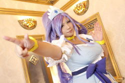 Rule 34 | 1girl, ankle boots, asian, blue eyes, blue hair, boots, bow, bracelet, breasts, choker, chouzuki maryou, cosplay, cure diamond, cure diamond (cosplay), dokidoki! precure, dress, headpiece, jewelry, large breasts, long hair, magical girl, matching hair/eyes, photo (medium), plump, pointing, ponytail, precure, puffy short sleeves, puffy sleeves, ribbon, short sleeves, solo, tiara