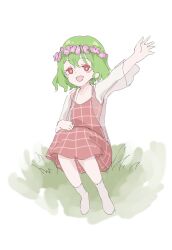 Rule 34 | 1girl, :d, aged down, arms up, commentary request, flower, full body, green hair, head wreath, highres, kazami yuuka, looking at viewer, open mouth, petite, pink flower, red eyes, see-through, see-through sleeves, short hair, smile, socks, solo, tohoyuukarin, touhou, white background, white socks