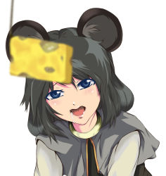 Rule 34 | 1girl, animal ears, bad id, bad pixiv id, blue eyes, cheese, female focus, food, gakkun, grey hair, highres, mouse ears, nazrin, open mouth, saliva, solo, touhou, white background