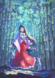 Rule 34 | 1girl, bamboo, bamboo forest, black hair, blunt bangs, bow, bowtie, day, fjsmu, floral print, forest, frilled skirt, frills, full body, highres, hime cut, houraisan kaguya, long hair, long sleeves, nature, outdoors, pink shirt, rabbit, red skirt, shirt, sidelocks, skirt, smile, solo, touhou, very long hair, white bow, white bowtie, wide sleeves