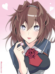 Rule 34 | 1girl, ascot, blue eyes, blush, brown hair, buttons, candy, chocolate, chocolate heart, food, gradient background, hair between eyes, heart, highres, holding, holding chocolate, holding food, kanade (kanadeya), kantai collection, medium hair, military, military uniform, open mouth, red ascot, red ribbon, ribbon, sheffield (kancolle), smile, solo, twitter username, uniform, upper body