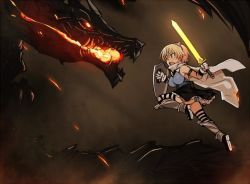 Rule 34 | 10s, 1girl, battle, black skirt, blonde hair, brave witches, breasts, cape, dragon, gradient background, grey background, left-handed, nikka edvardine katajainen, null (nyanpyoun), open mouth, panties, pantyshot, shield, short hair, skirt, strike witches, sword, thighhighs, underwear, weapon, world witches series