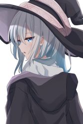 Rule 34 | 1girl, black robe, blue eyes, blue hair, elaina (majo no tabitabi), from behind, hair between eyes, hat, hat ribbon, highres, light blue hair, long hair, majo no tabitabi, nekonosuke, off shoulder, open mouth, profile, ribbon, robe, shadow, shirt, simple background, solo, upper body, white background, white shirt, witch, witch hat