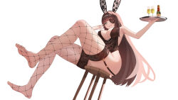 Rule 34 | 1girl, absurdres, animal ears, armpits, bare shoulders, black hair, black leotard, bloom, blue eyes, breasts, brown dust 2, celia (brown dust), center opening, champagne bottle, chow0312, eyepatch, fake animal ears, falling, feet, fishnet thighhighs, fishnets, floral print, from below, garter belt, glass, highres, holding, holding tray, large breasts, legs, leotard, long hair, looking down, no panties, no shoes, official alternate costume, on stool, playboy bunny, rabbit ears, simple background, sitting, solo, teeth, thighhighs, toes, tray, wooden stool