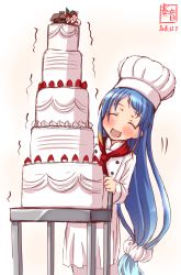 Rule 34 | 1girl, artist logo, blue hair, cake, chef, chef hat, commentary request, cosplay, dated, closed eyes, feet out of frame, food, forehead, gradient hair, hat, highres, kanon (kurogane knights), kantai collection, long hair, multicolored hair, no nose, open mouth, red scarf, samidare (kancolle), scarf, simple background, smile, solo, toque blanche, trembling, very long hair, white background
