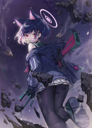 Rule 34 | 1girl, absurdres, animal ears, bag, black hair, black pantyhose, blue archive, blue bag, blue jacket, blue sailor collar, bren lmg, cartridge, choker, closed mouth, debris, food, food in mouth, foot out of frame, from behind, gun, hair ornament, hairclip, halo, highres, holding, holding weapon, hood, hooded jacket, jacket, kazusa (blue archive), light machine gun, looking at viewer, macaron, machine gun, medium hair, multicolored hair, negirate, off shoulder, pantyhose, pink hair, pleated skirt, purple background, red eyes, sailor collar, shoes, skirt, smoke, sneakers, solo, two-tone hair, weapon, white skirt